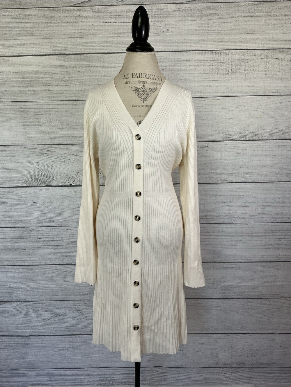 Lucky Brand Cream Ribbed Long-Sleeve Knit Cardigan Dress